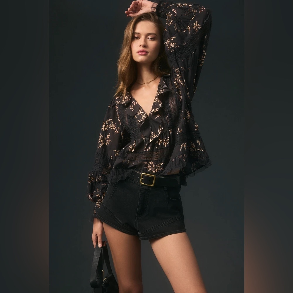 🎀By Anthropologie Ruffled V-Neck Popover embroidered  wheat print  Blouse medium - Picture 2 of 13